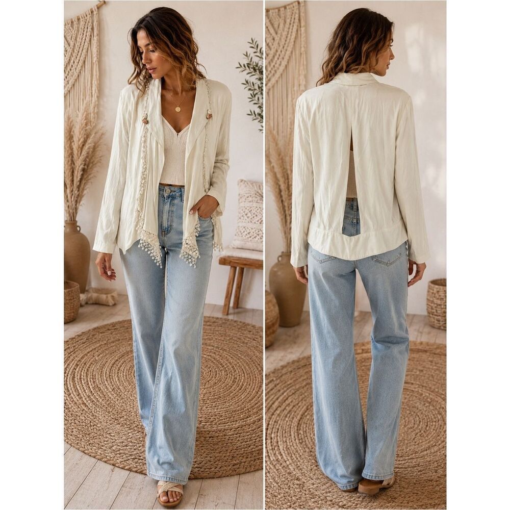 Vintage Boho Chic Light Cream Open Front Boho Jacket with LaceTassel Trim